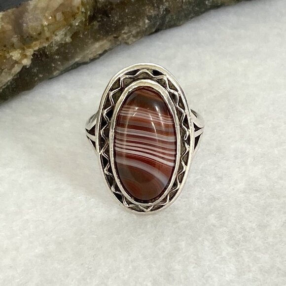 VTG Sterling Silver 925 Oval Bezel Set Banded Agate Double Split Shank Ring Sz 6 - Picture 2 of 16